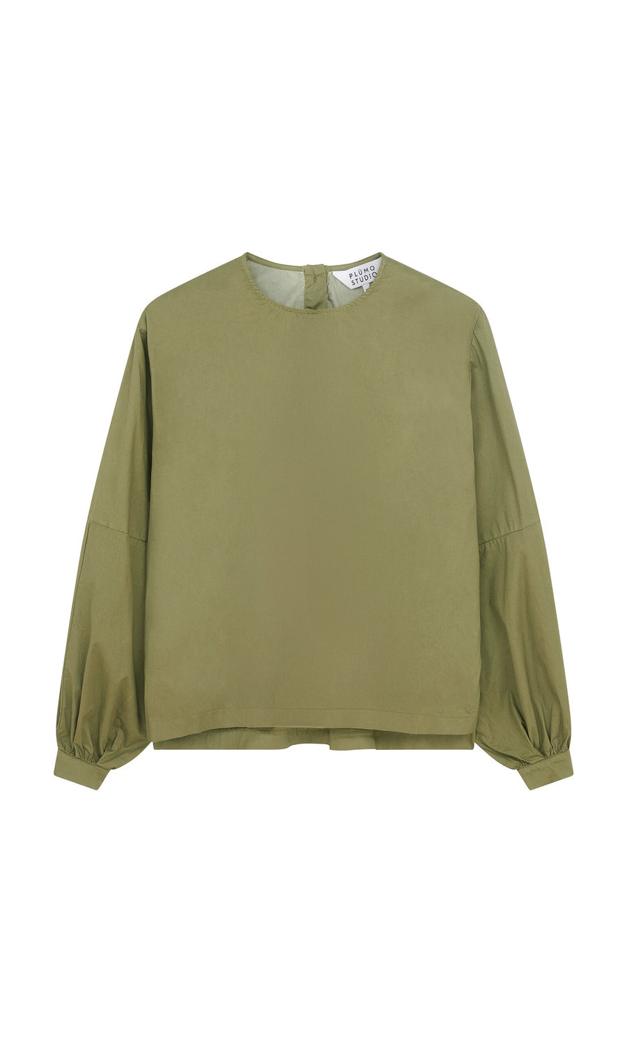 Plümo- Gail Blouse Calke Green - Seconds in cotton twill with round neck and buttoned cuffs, shown flat on white background.