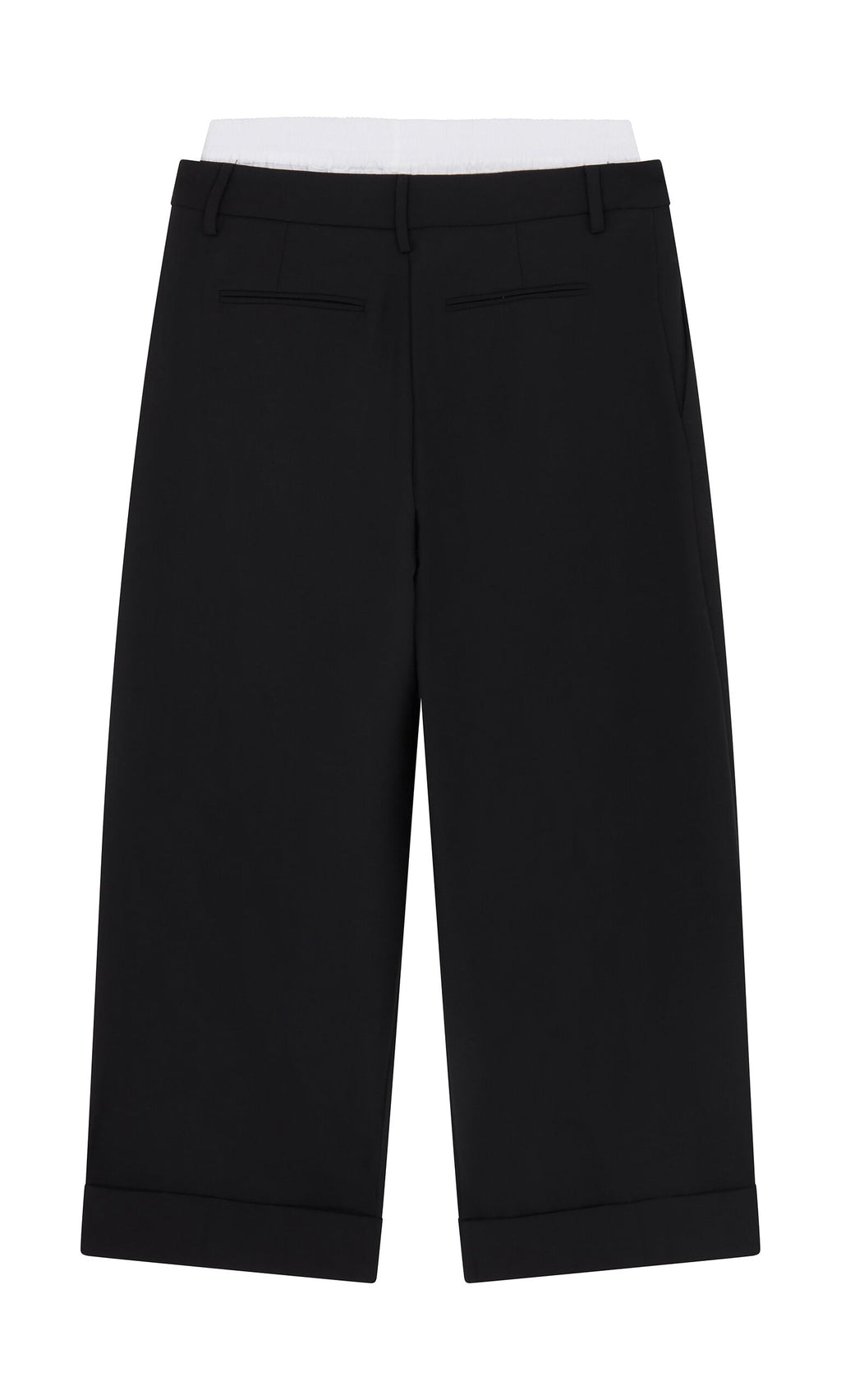 Plümo- Garconne Pants: Black wide-leg knee-length shorts with belt loops, cuffed hems, and back welt pockets on white background.