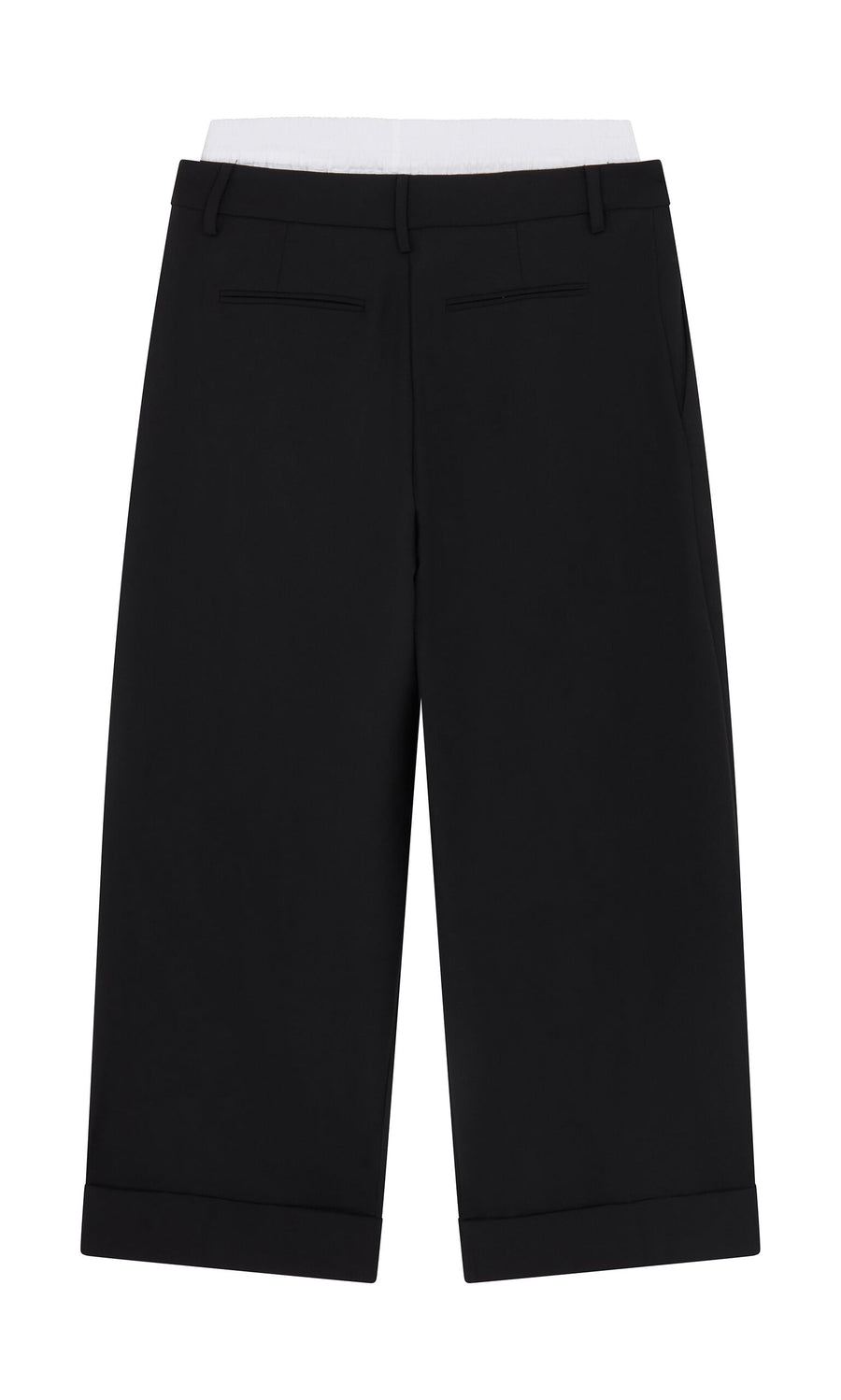 Plümo- Garconne Pants: Black wide-leg knee-length shorts with belt loops, cuffed hems, and back welt pockets on white background.