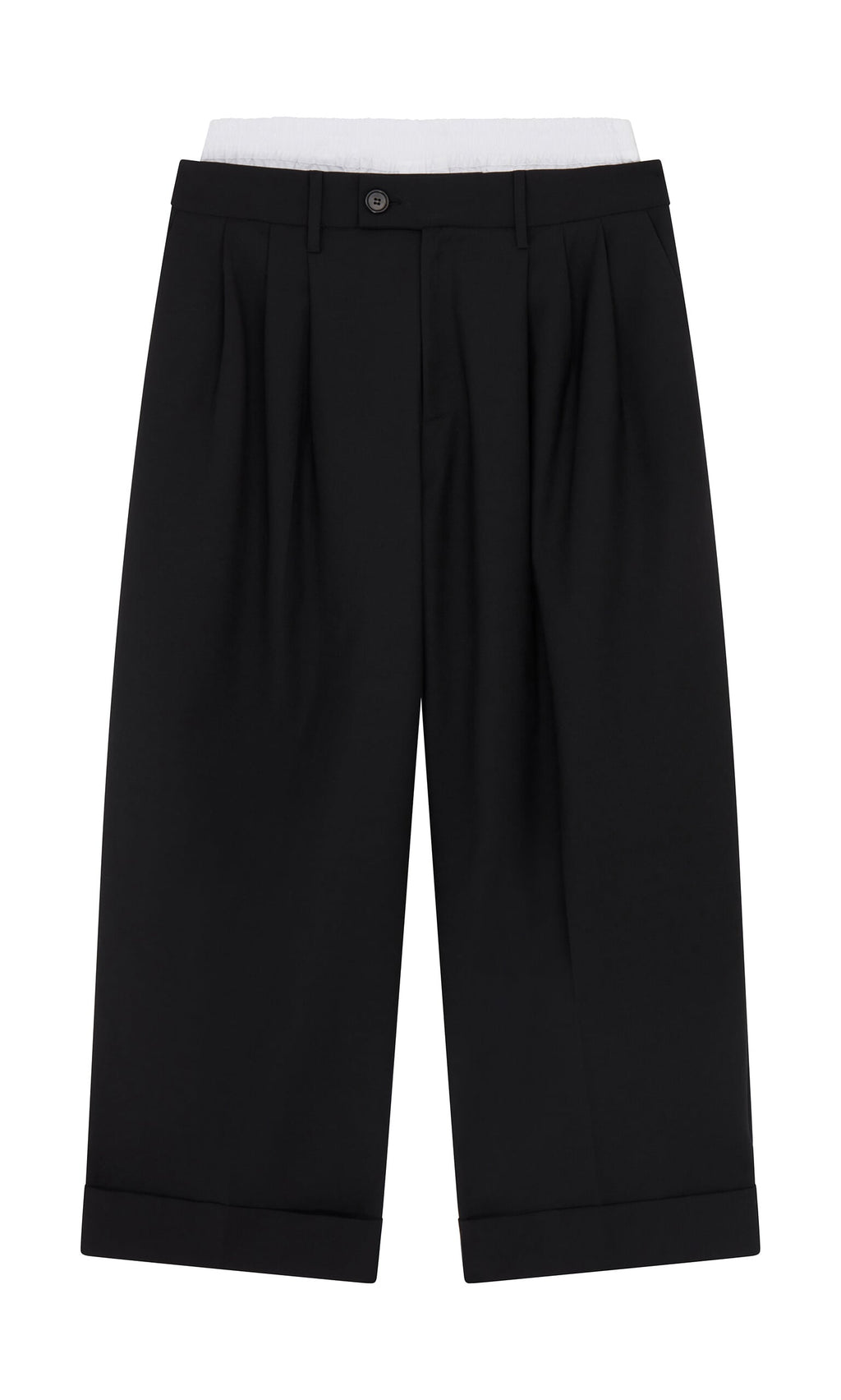 Plümo- Garconne Pants: black, pleated wide-leg with belt loops, button closure, and turned-up cuffs, shown laid flat.