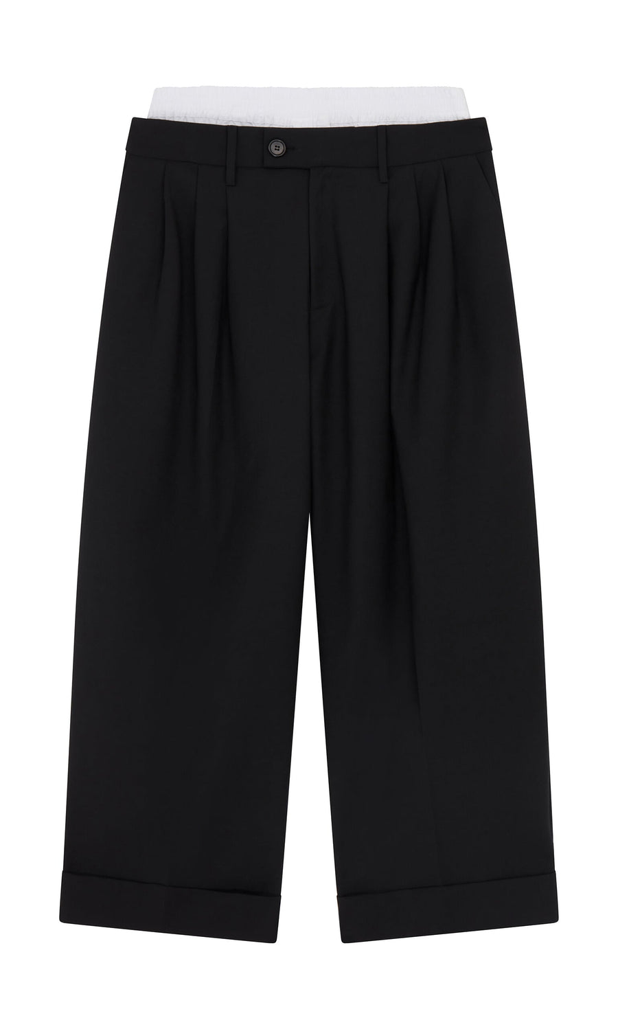 Plümo- Garconne Pants: black, pleated wide-leg with belt loops, button closure, and turned-up cuffs, shown laid flat.