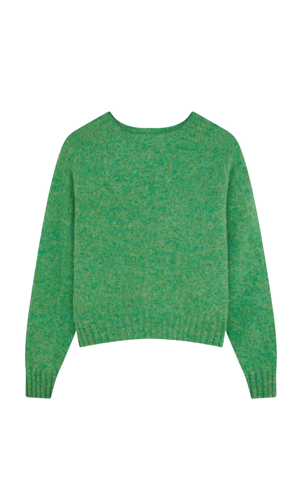 Plümo- Wicklow Crewneck in Garden Leaf—green, seam-free knit wool sweater with ribbed cuffs and hem, laid flat on white.