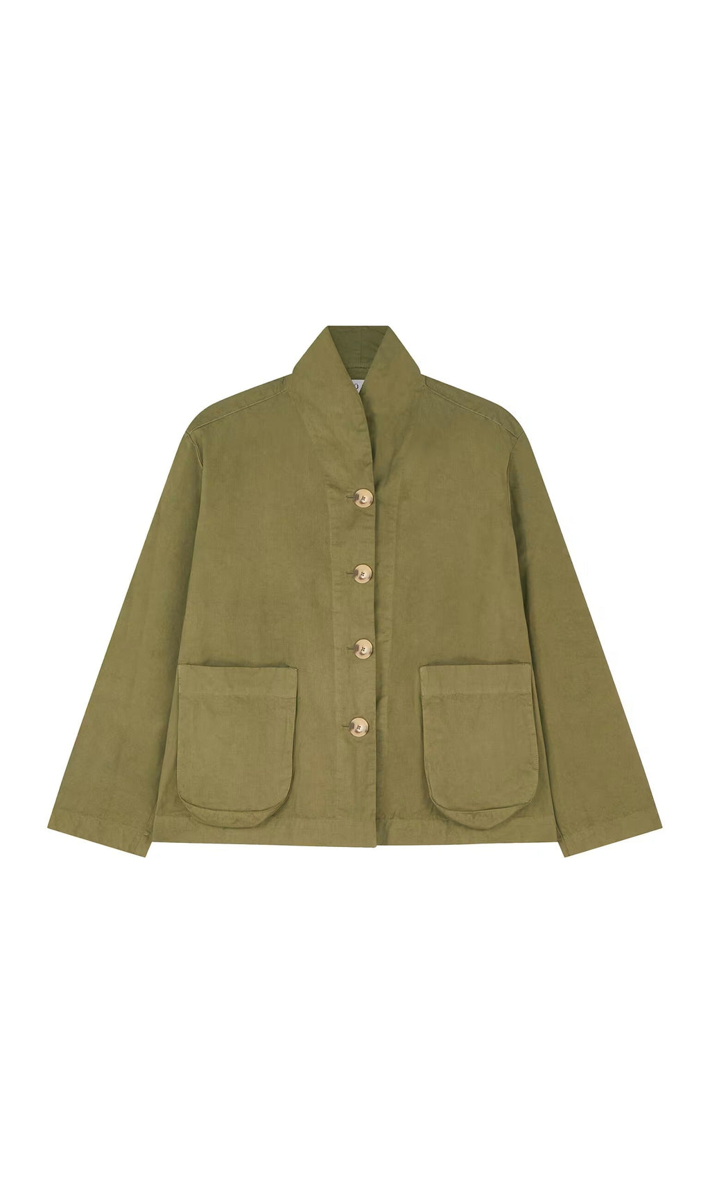 Plümo- Gardeners Jacket Calke Green - Seconds: olive cotton twill, stand collar, 4 buttons, long sleeves, 2 front pockets.