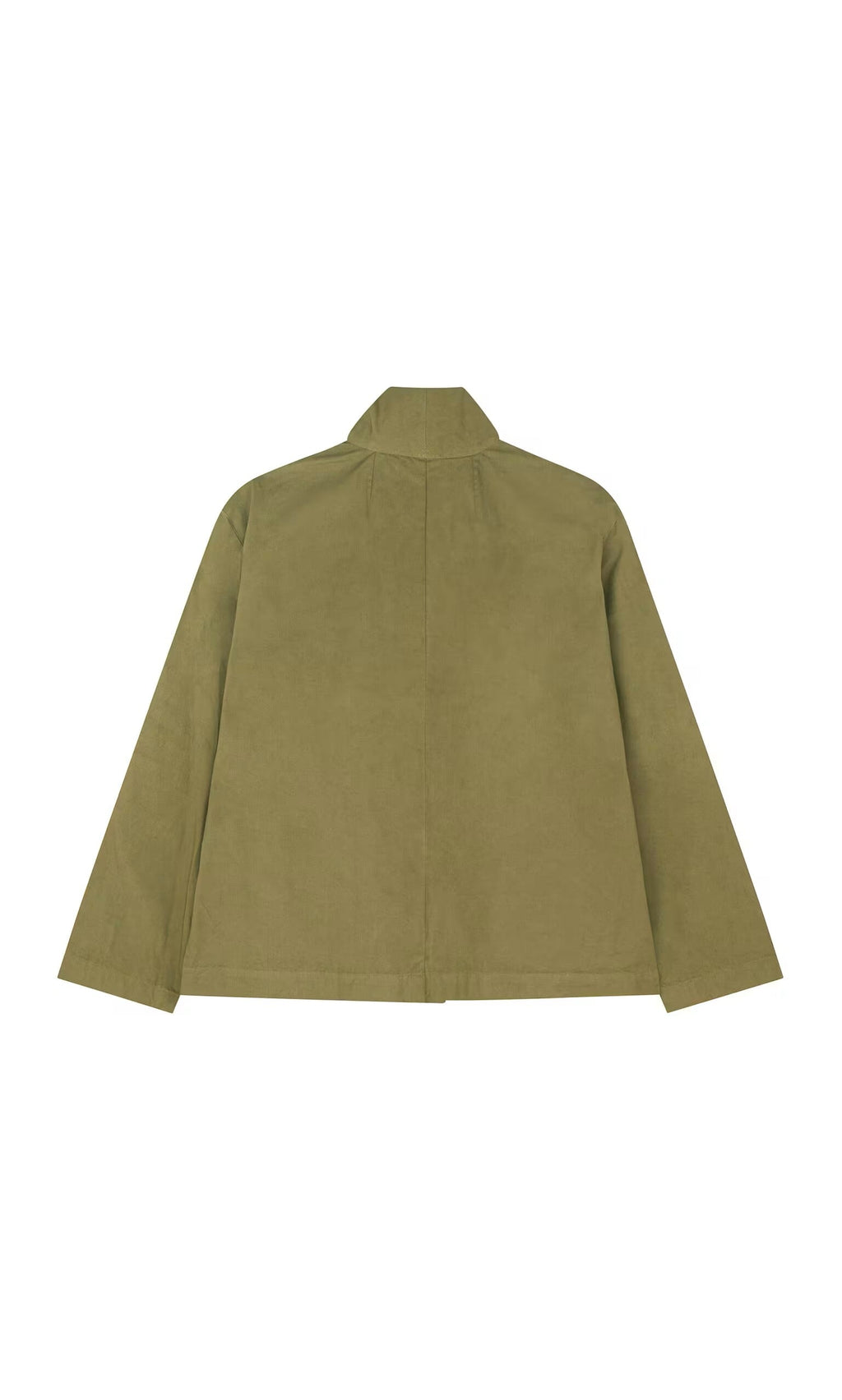 Plümo- Gardeners Jacket Calke Green - Seconds, long-sleeve with collar, shown from the back on a white background.