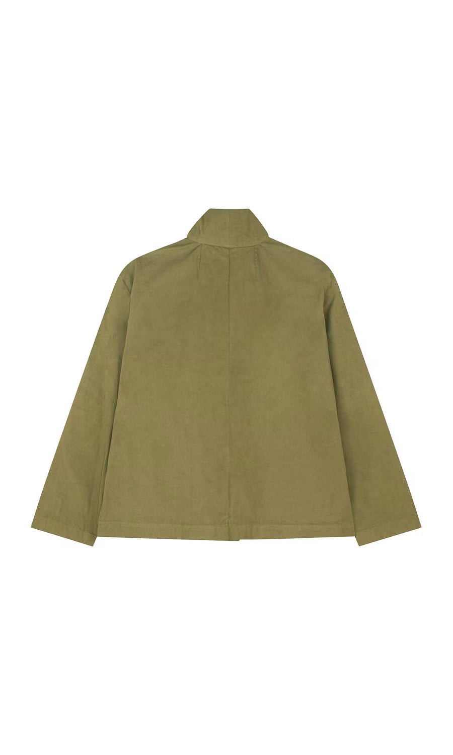 Plümo- Gardeners Jacket Calke Green - Seconds, long-sleeve with collar, shown from the back on a white background.