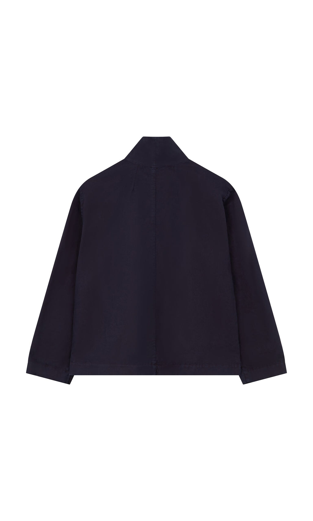 Plümo- Gardener's Jacket - Navy: cotton twill workwear with long sleeves, straight hem, shown from the back.