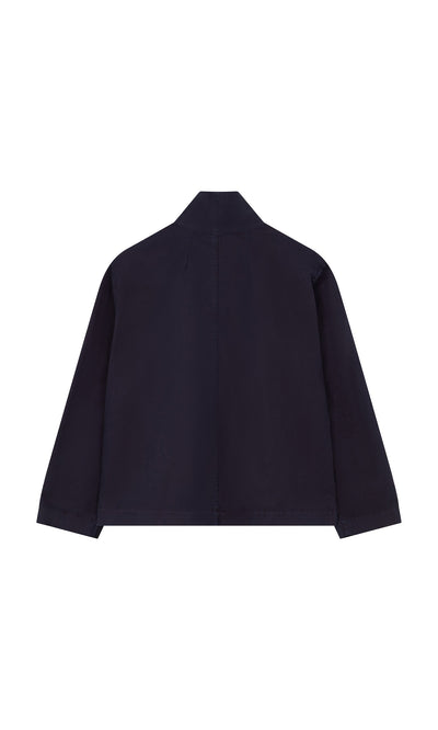 Plümo- Gardener's Jacket - Navy: cotton twill workwear with long sleeves, straight hem, shown from the back.