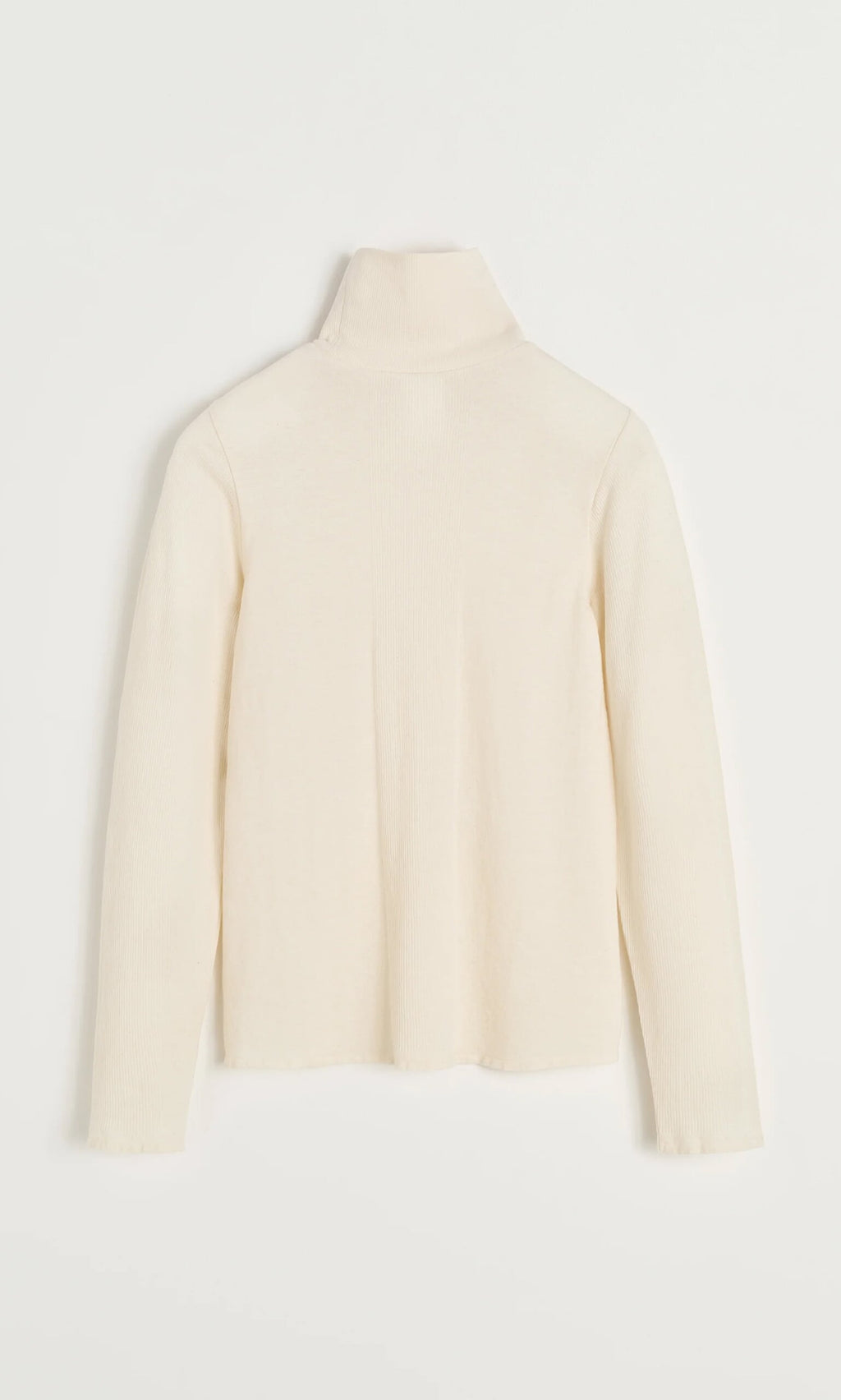 Plümo- Back view of the cream Gentle Turtleneck, a cotton and cashmere sweater, shown against a plain white background.