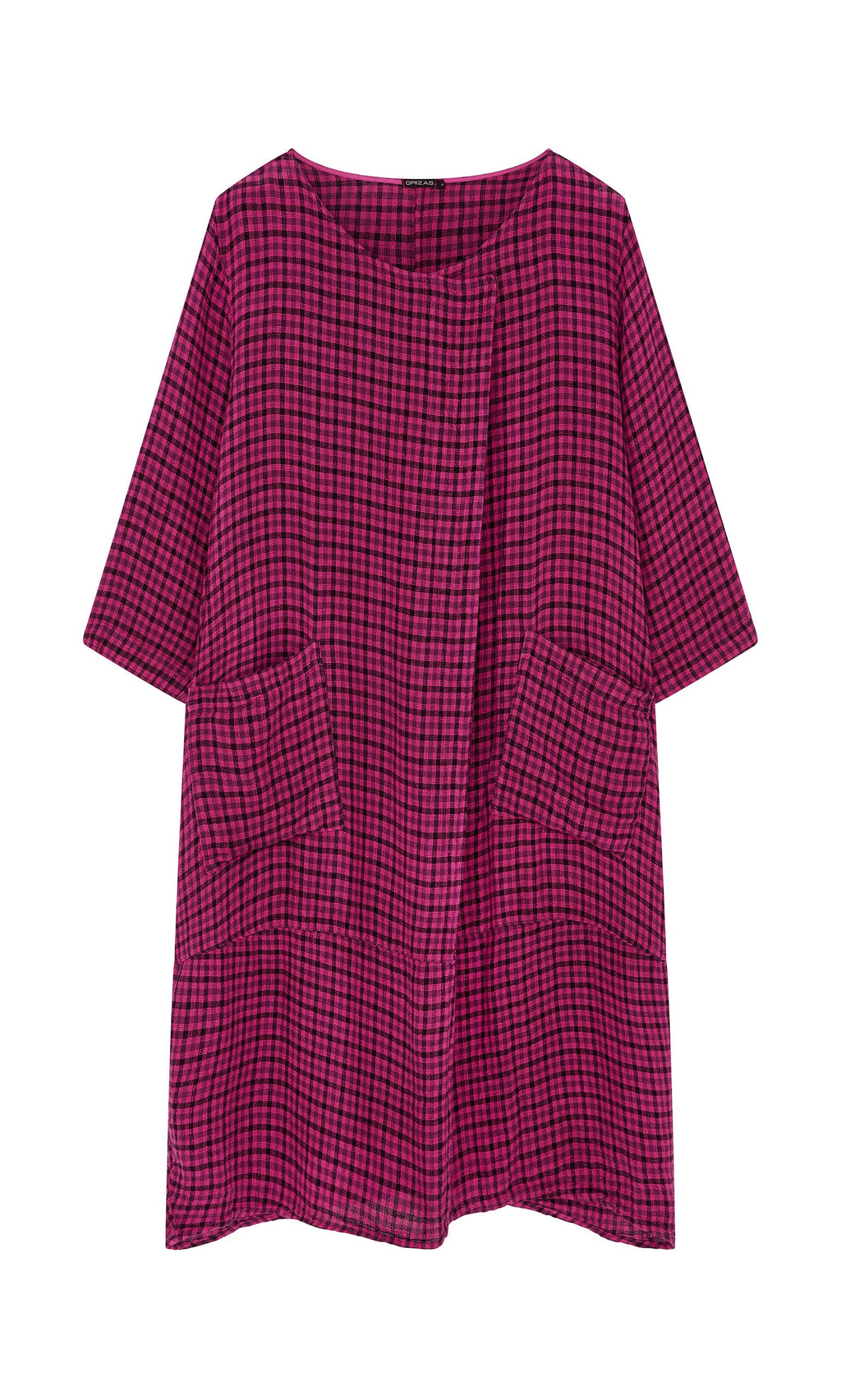 Plümo- The Gilda Check Dress is an oversized, knee-length linen dress with pink and black checks and short sleeves.