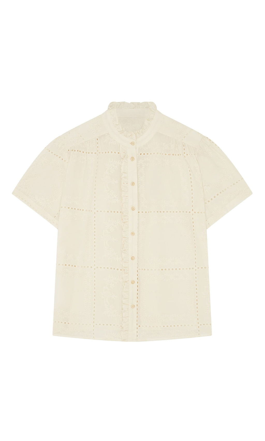 Plümo- Gill Blouse: Ecru cotton broderie anglaise, short sleeves, front buttons, and a subtle mandarin collar.