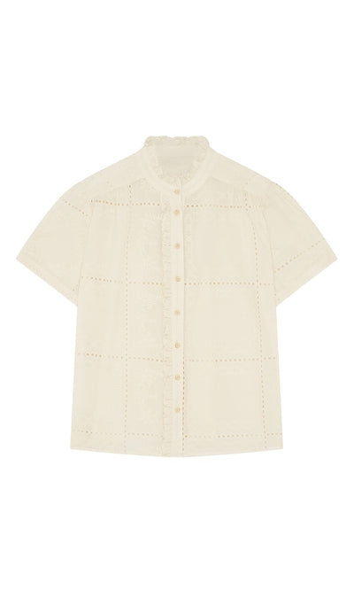 Plümo- Gill Blouse: Ecru cotton broderie anglaise, short sleeves, front buttons, and a subtle mandarin collar.