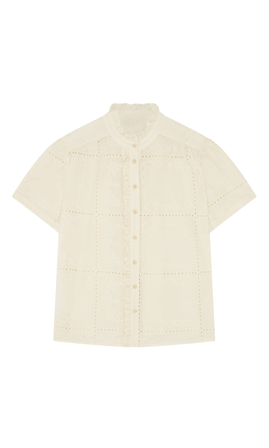 Plümo- Gill Blouse: Ecru cotton broderie anglaise, short sleeves, front buttons, and a subtle mandarin collar.
