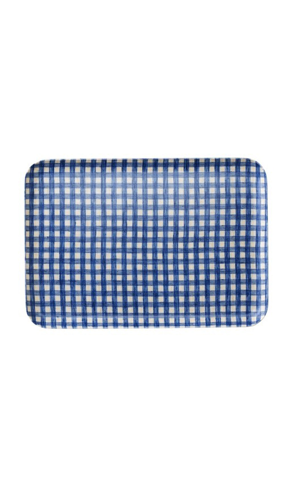 Plümo  The Gingham Tray - Medium: a stylish, water-resistant rectangular navy blue and white plaid serving tray.