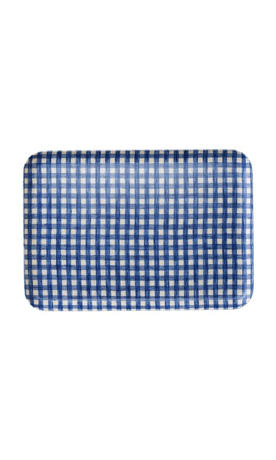 Plümo  The Gingham Tray - Medium: a stylish, water-resistant rectangular navy blue and white plaid serving tray.