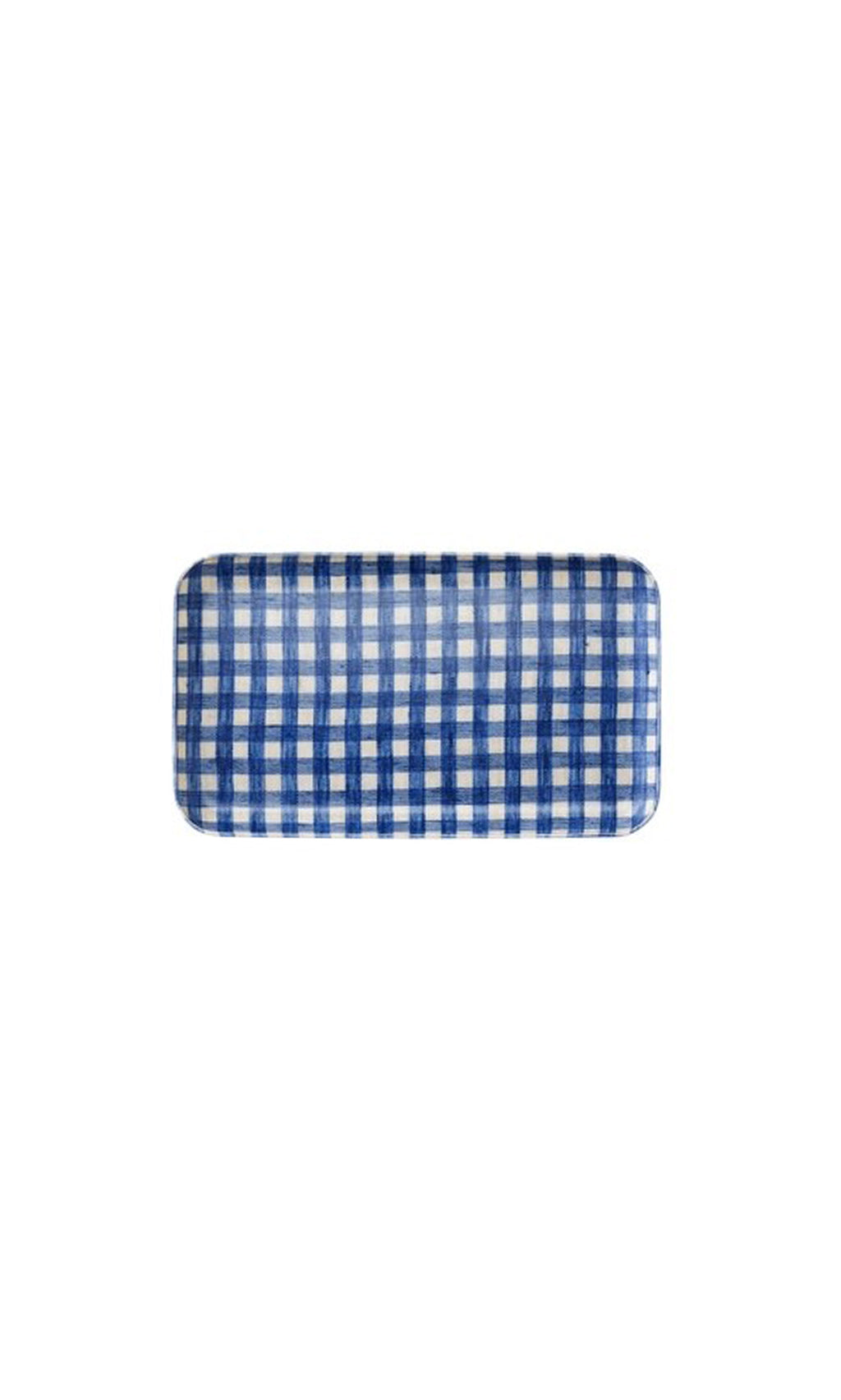 Plümo  Gingham Tray - Small: Blue and white checkered ceramic tray with a crisp white background.