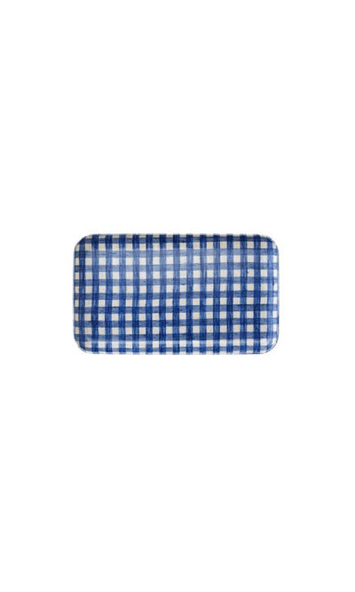Plümo  Gingham Tray - Small: Blue and white checkered ceramic tray with a crisp white background.