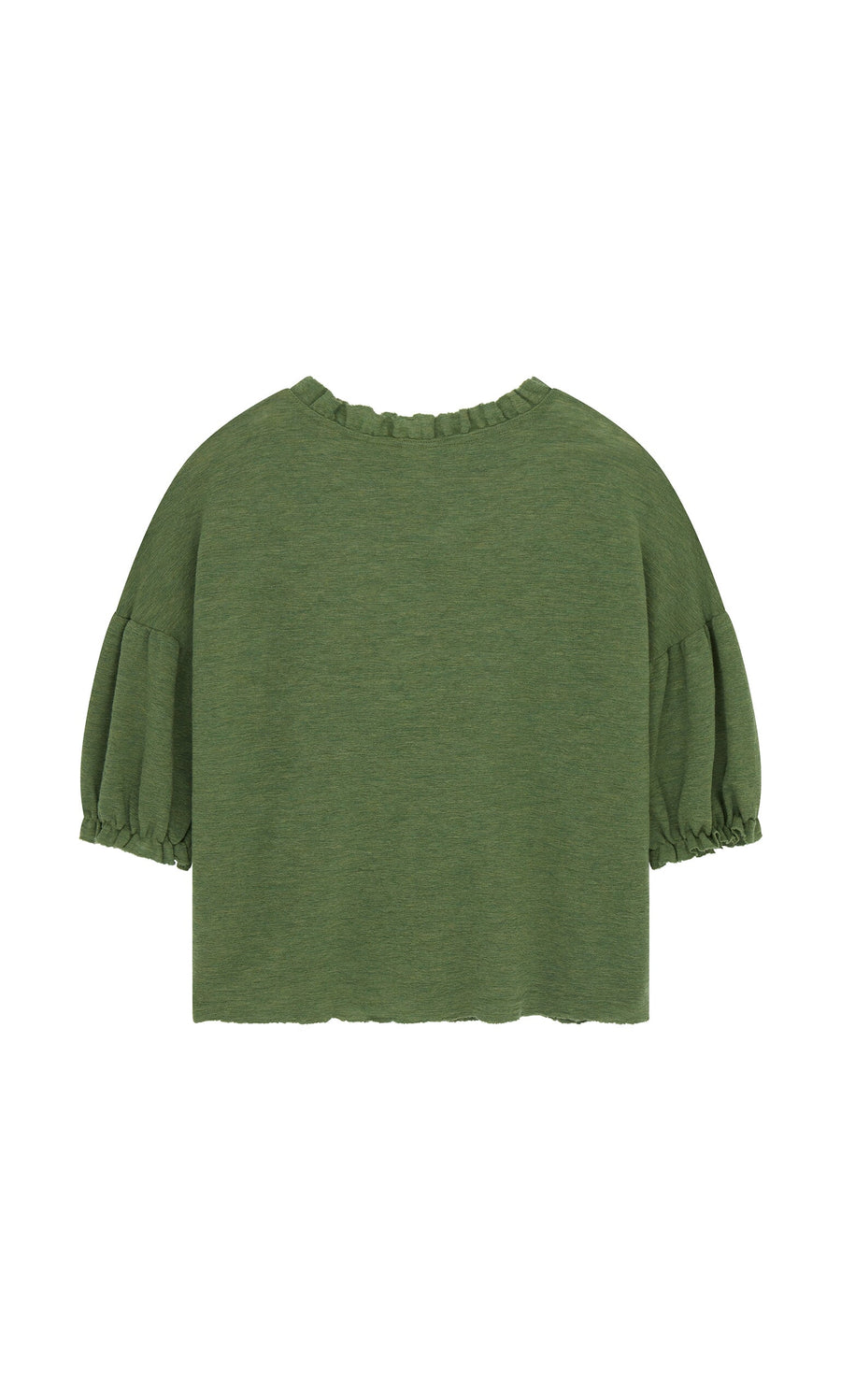 Plümo- Back view of the green Hopper Blouse, a Danish design with ruffle neck and short ruffled sleeves.