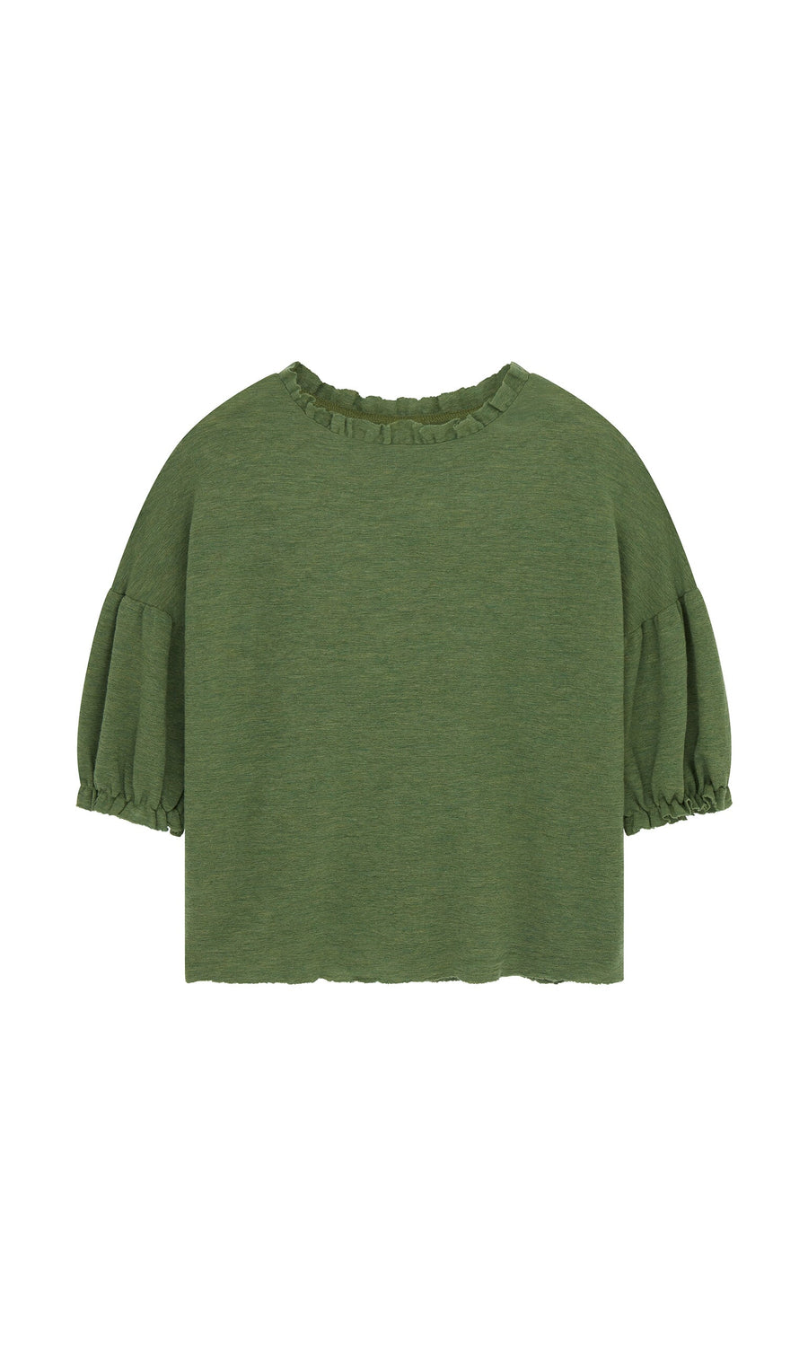 Plümo- The Hopper Blouse is a green short-sleeve ruffle neck sweater with a modern Danish-inspired design.