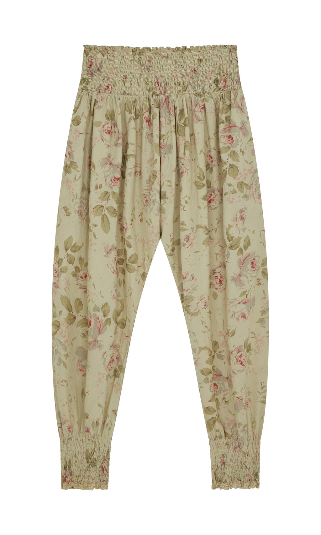 Plümo- Green Floral Pantaloons with a shirred waistband and floral print; lightweight cotton for comfort.