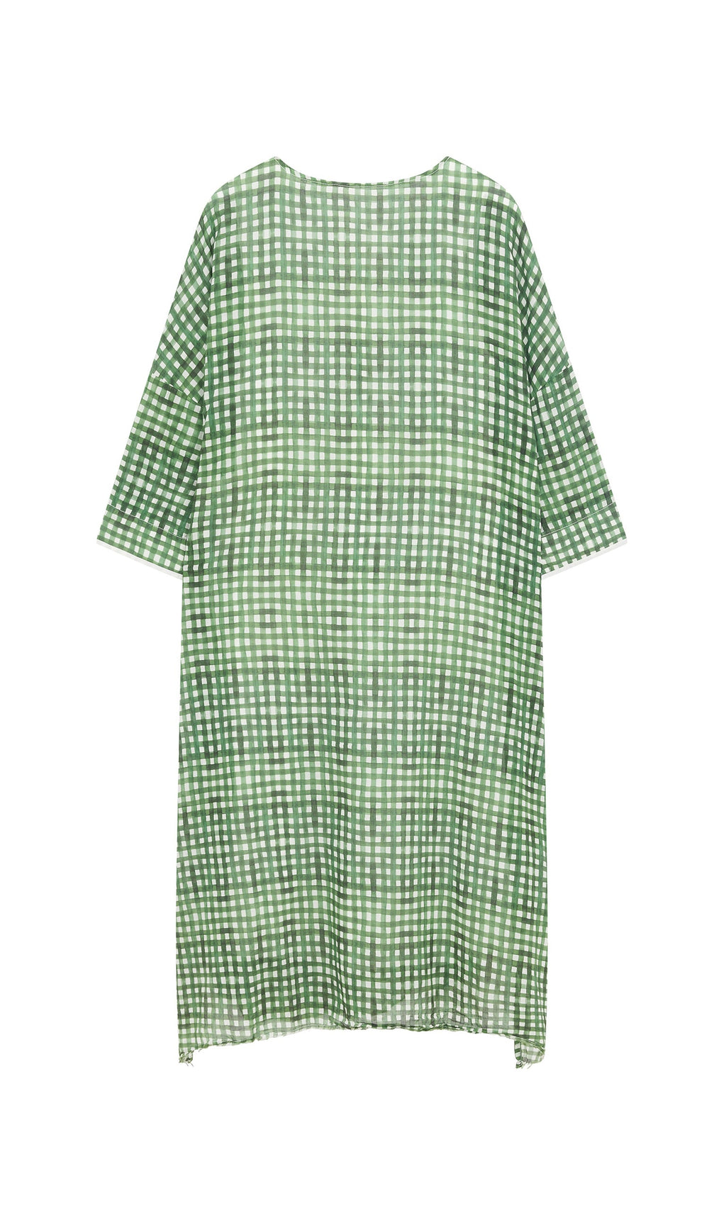 Plümo- Green Gingham Dress: a loose-fitting tunic with green and white checks, shown on a plain background.