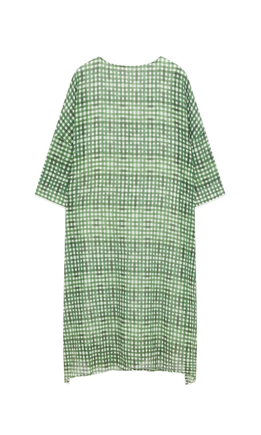Plümo- Green Gingham Dress: a loose-fitting tunic with green and white checks, shown on a plain background.
