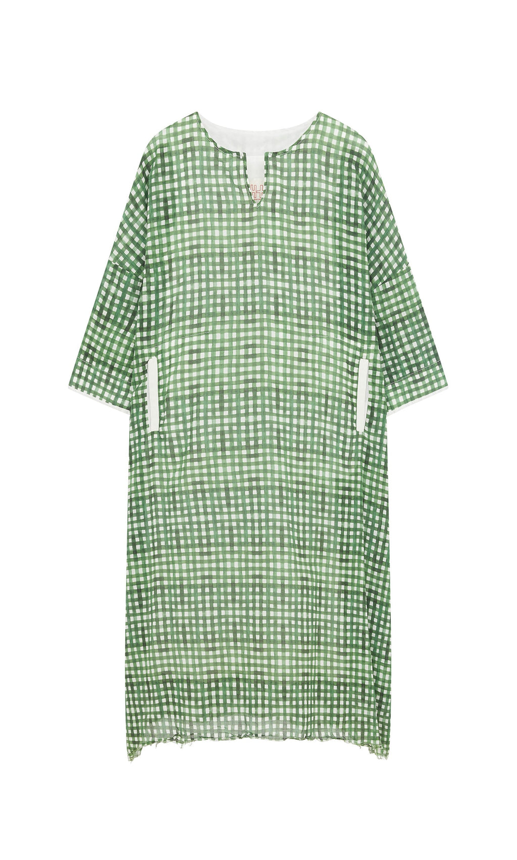 Plümo- Green Gingham Dress with notched neckline and short sleeves, shown on a plain background.