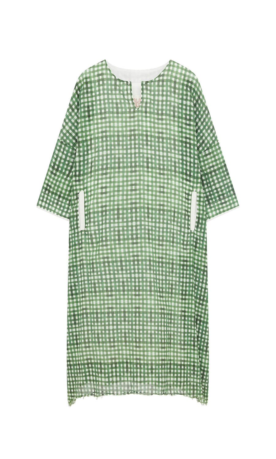 Plümo- Green Gingham Dress with notched neckline and short sleeves, shown on a plain background.
