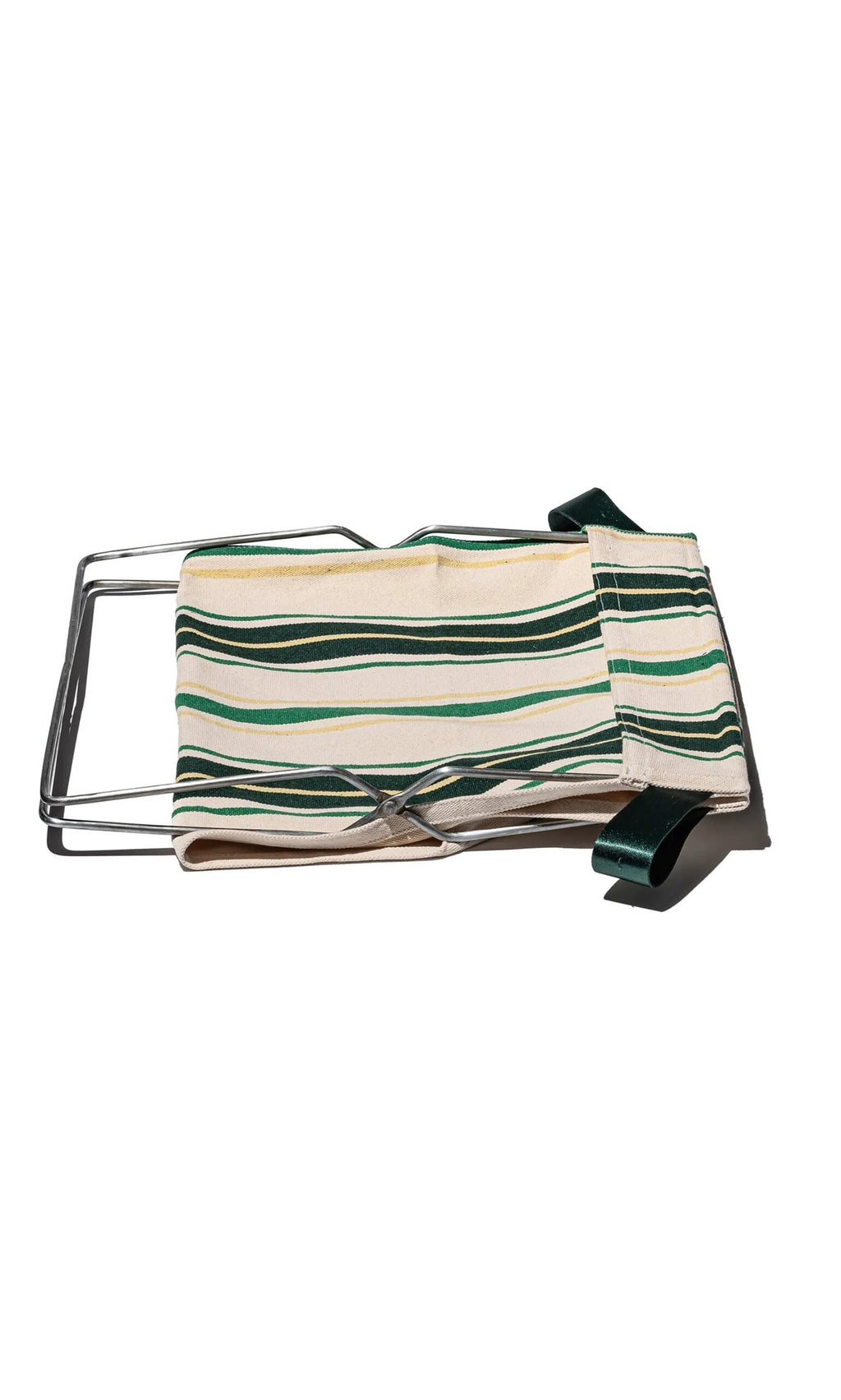 Plümo- A Green Stripe Folding Bag displayed on a steel frame holder against a white background.