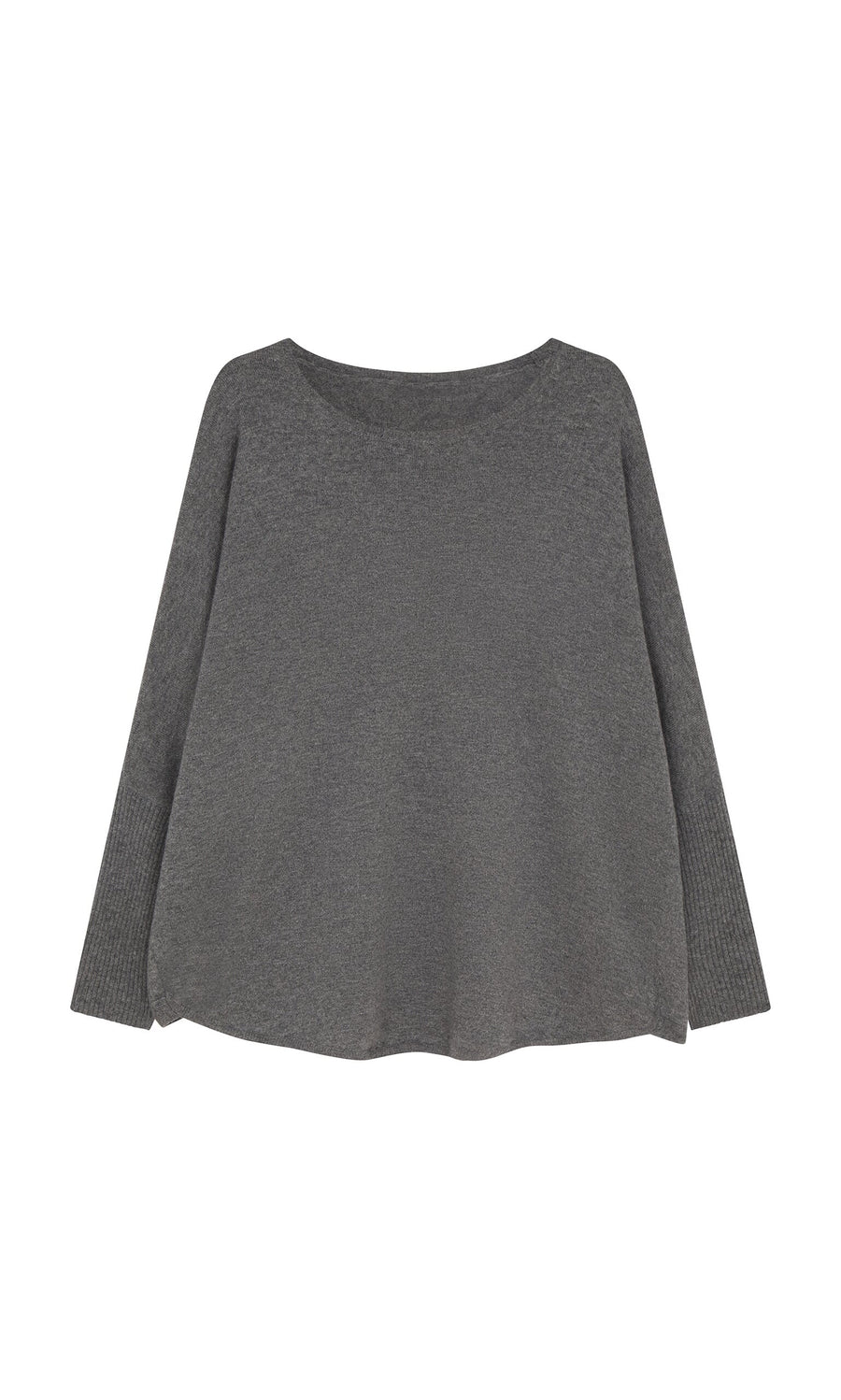 Plümo- Oversized Grey Cashmere Jumper with wide neckline, ribbed cuffs, and curved hem.