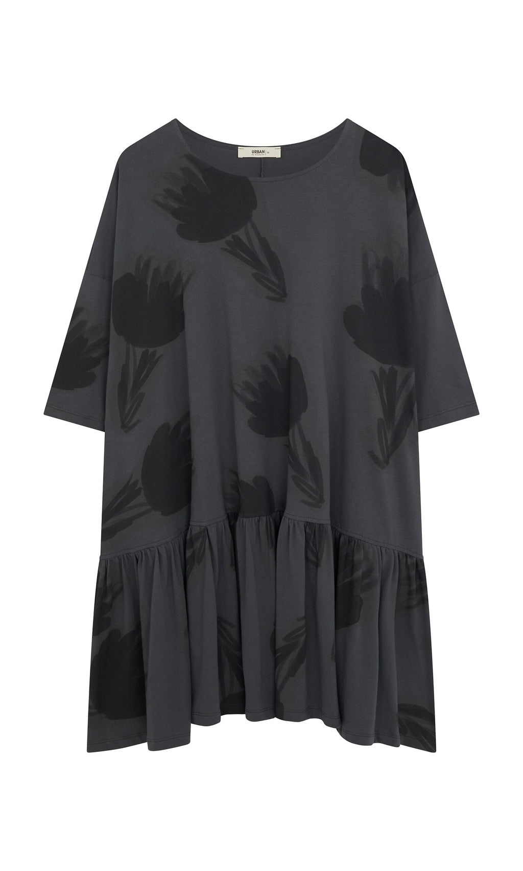 Plümo- Grey Flower Blouse: Oversized dark gray cotton jersey with ruffle hem, short sleeves, and black floral prints.