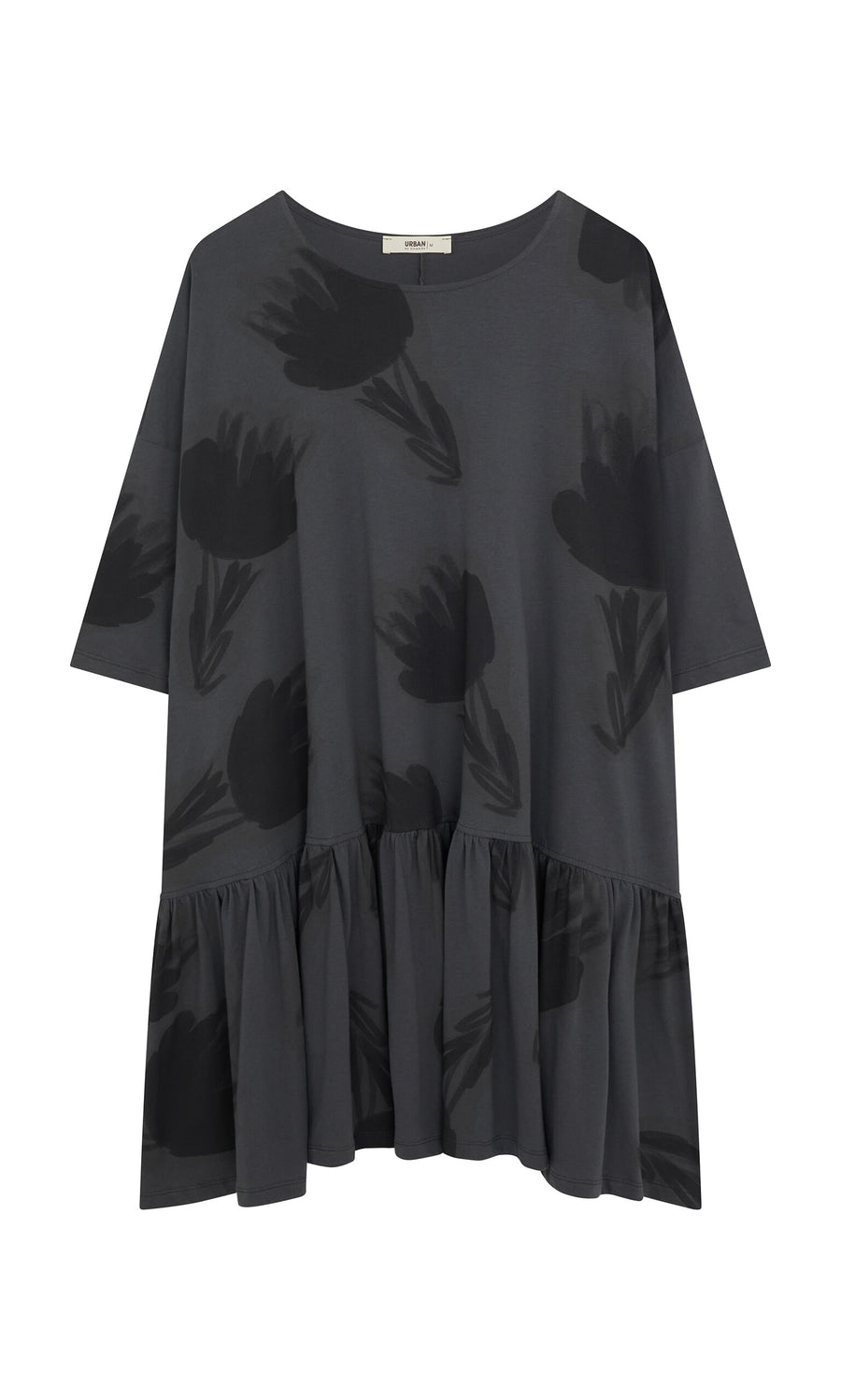Plümo- Grey Flower Blouse: Oversized dark gray cotton jersey with ruffle hem, short sleeves, and black floral prints.