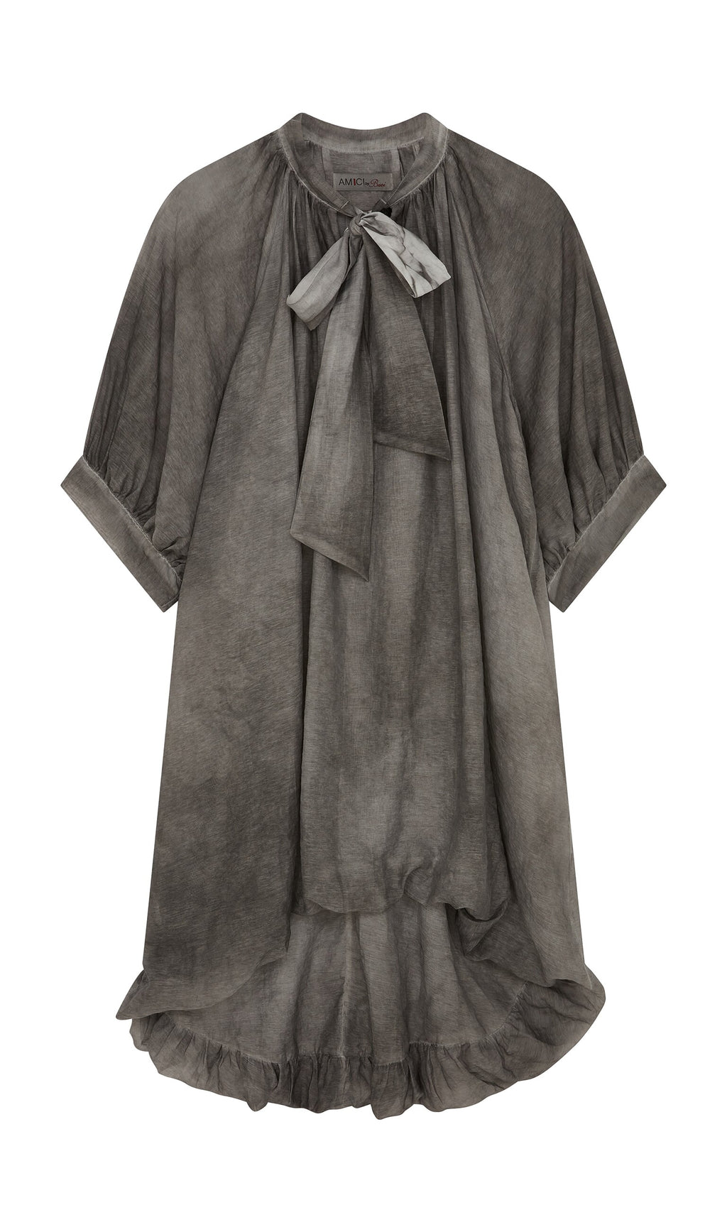 Plümo- A loose, gray voile blouse with short sleeves and a pussy-bow necktie at the neckline.
