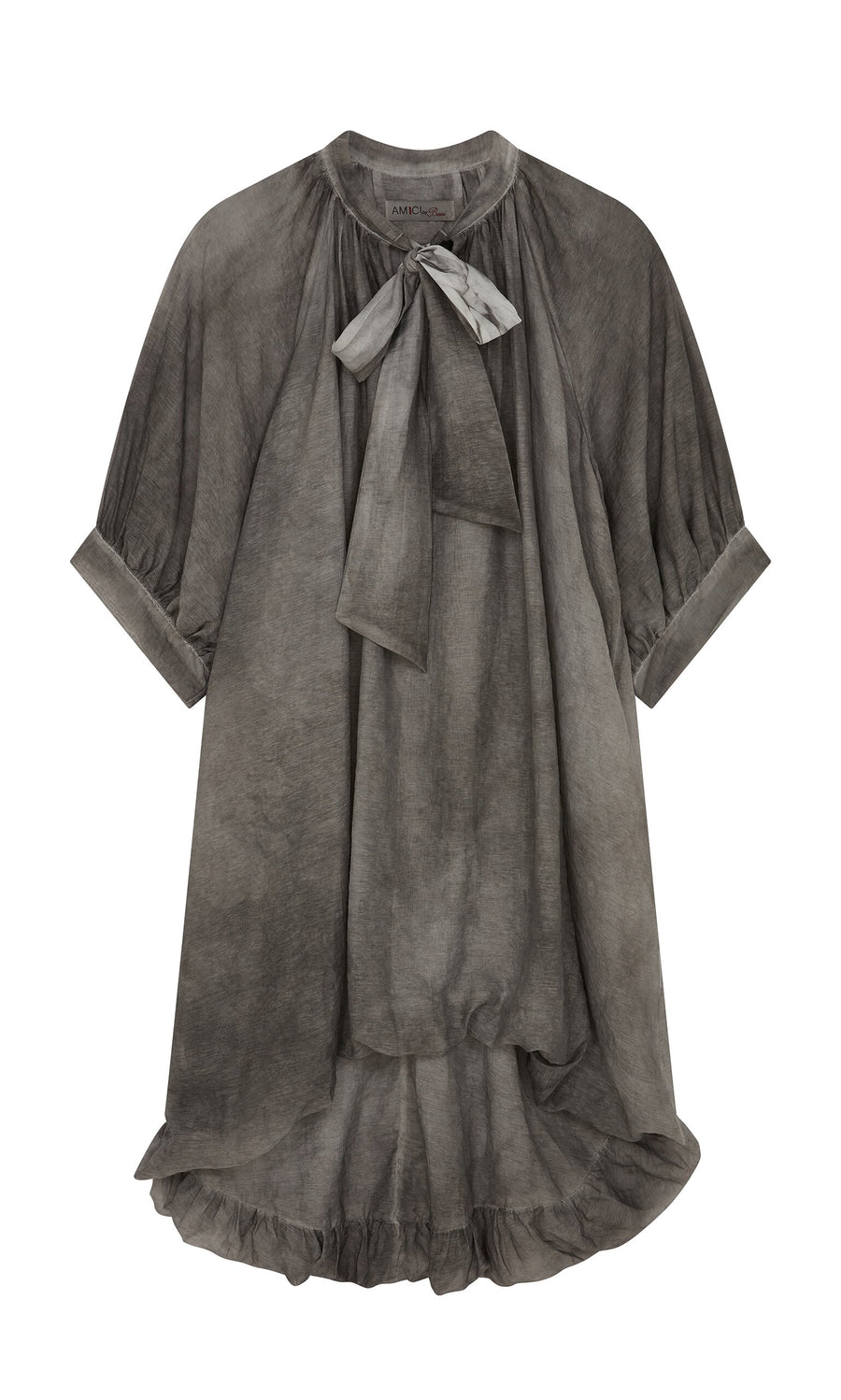 Plümo- A loose, gray voile blouse with short sleeves and a pussy-bow necktie at the neckline.