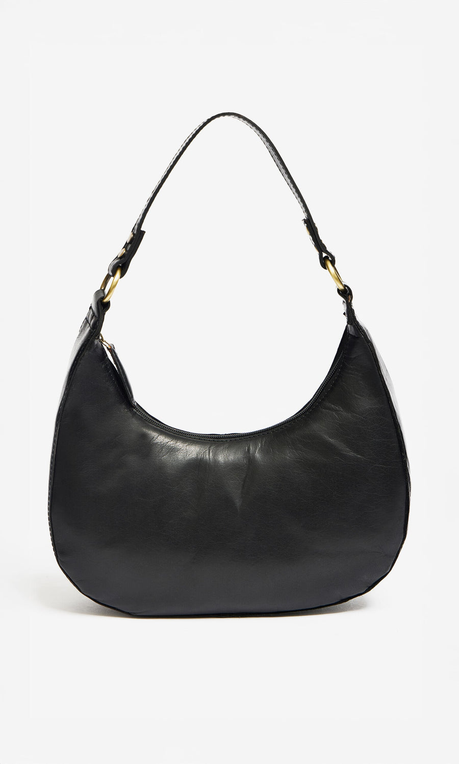 Plümo- Hadlow Bag: black crescent-shaped polished leather, short shoulder strap, gold-tone hardware, on white background.