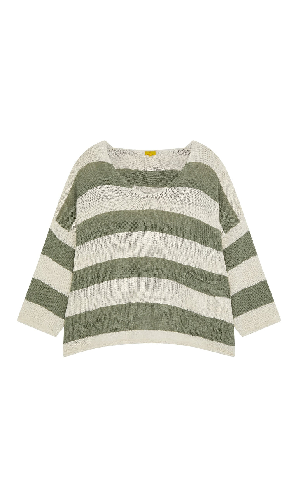 Plümo- Hagen Stripe Jumper: sage and white striped V-neck sweater with a relaxed fit and front pocket on white background.