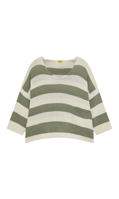 Plümo- Hagen Stripe Jumper: sage and white striped V-neck sweater with a relaxed fit and front pocket on white background.