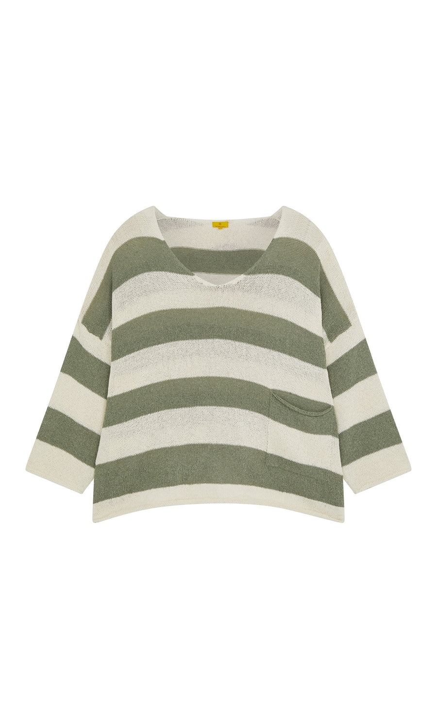 Plümo- Hagen Stripe Jumper: sage and white striped V-neck sweater with a relaxed fit and front pocket on white background.