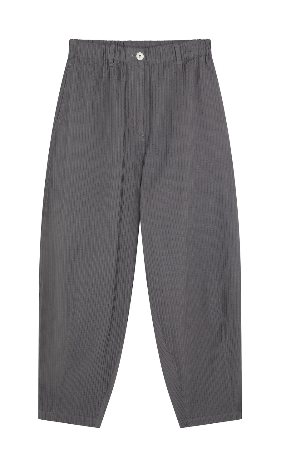 Plümo- Haru Grey Pants: wide-leg, vertical pintucks, elastic waistband, white button, shown flat on a white background.