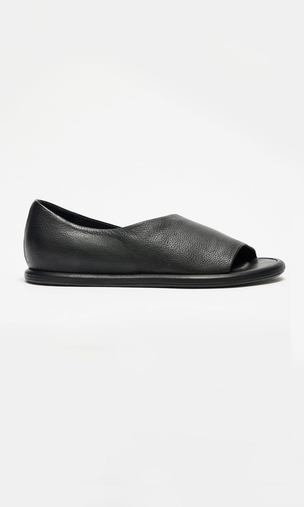 Plümo- Hawke Sandals: black open-toe flats with smooth vegetable-tanned leather and a minimal modern design.