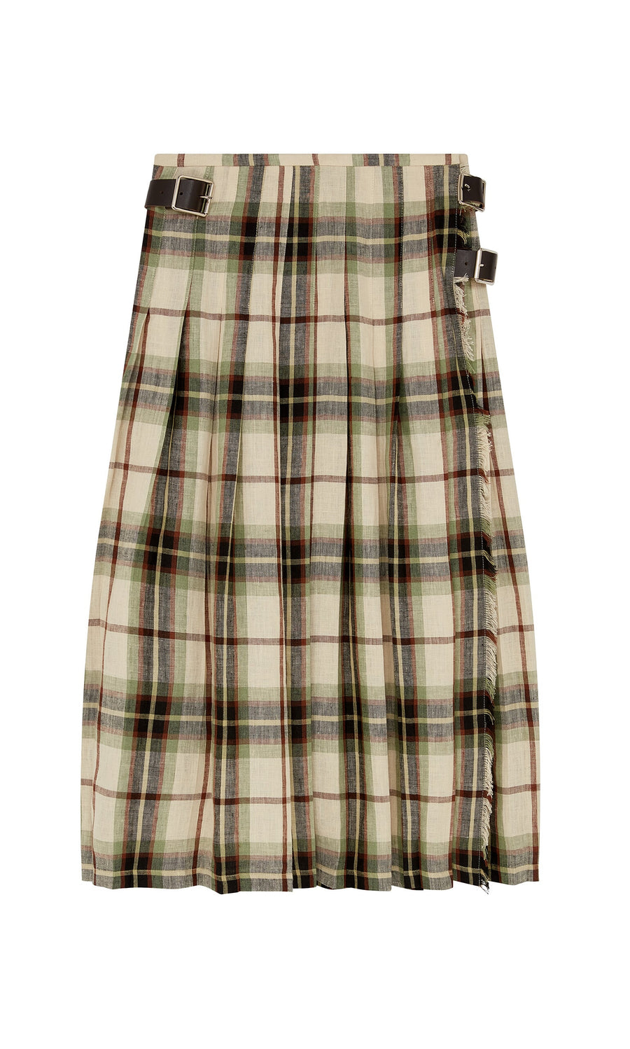 Plümo- Hawksmoor Kilt: green and brown plaid pleated skirt with side buckles and wrap design, inspired by a Dublin linen kilt.
