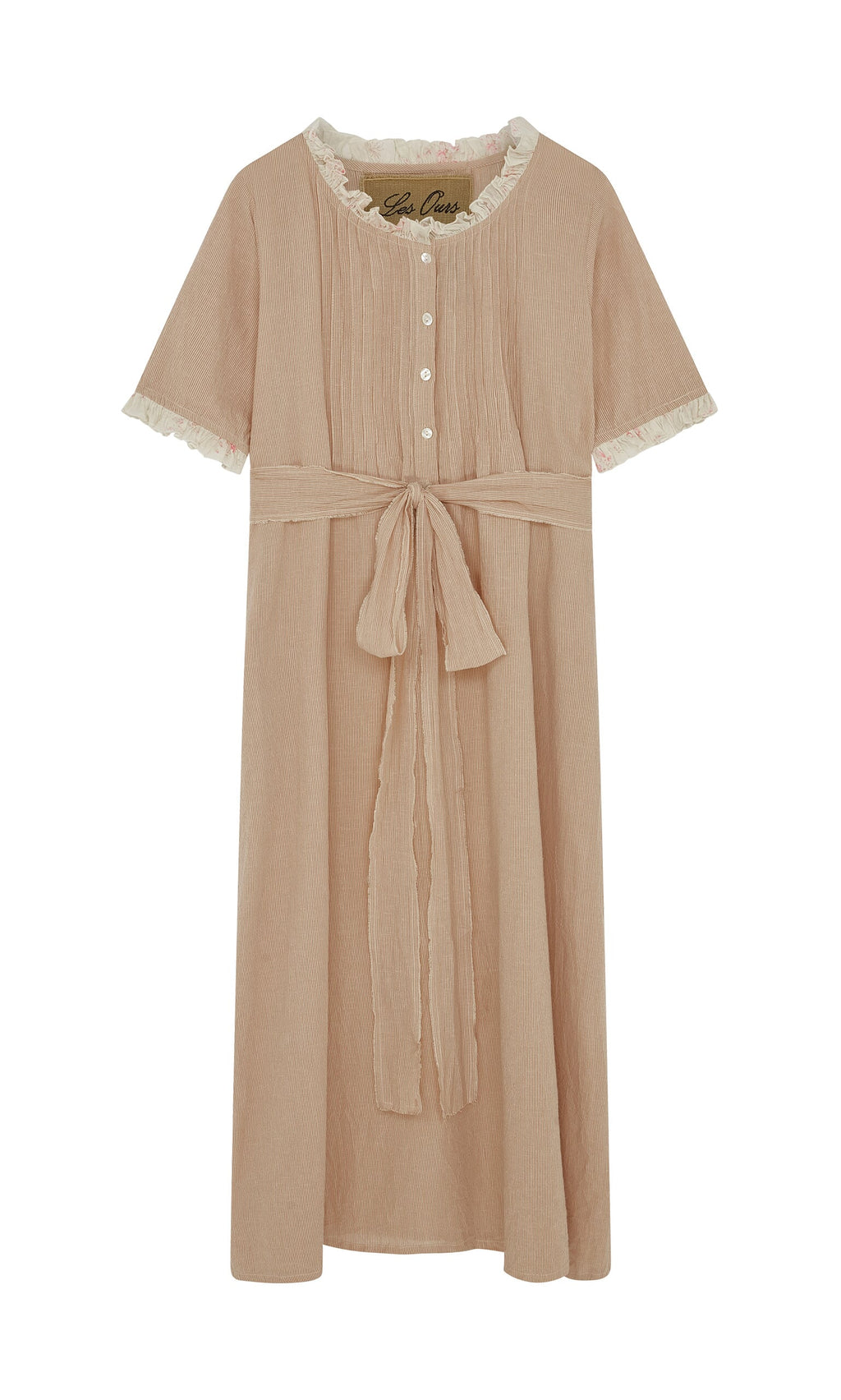 Plümo- Heide Dress: Light brown vintage midi with front buttons, lace trim, and a tied waist belt.