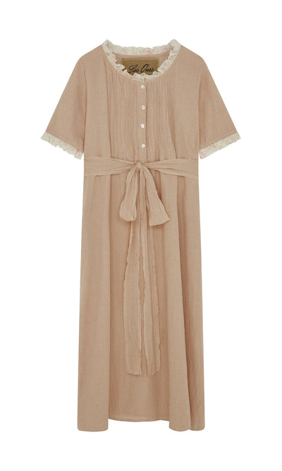 Plümo- Heide Dress: Light brown vintage midi with front buttons, lace trim, and a tied waist belt.