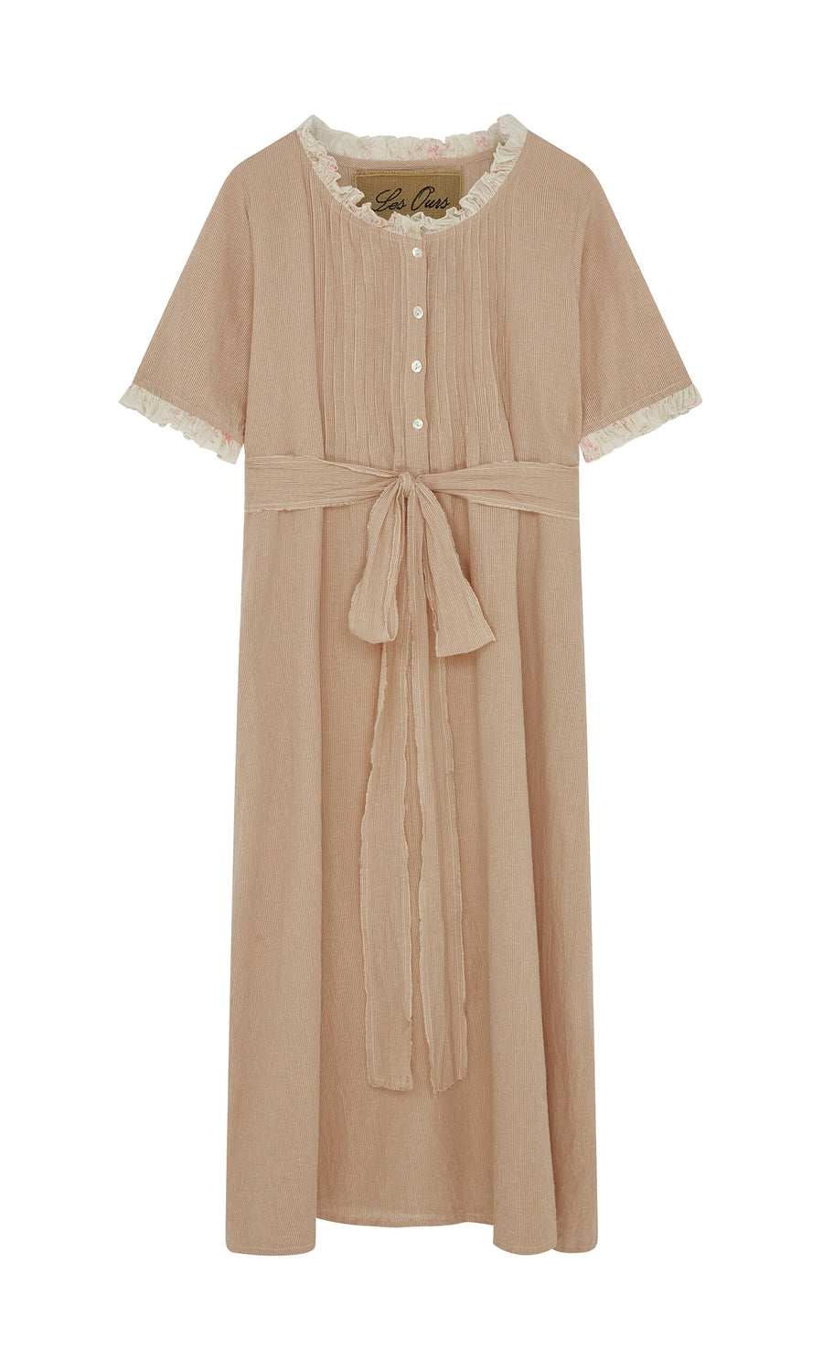 Plümo- Heide Dress: Light brown vintage midi with front buttons, lace trim, and a tied waist belt.