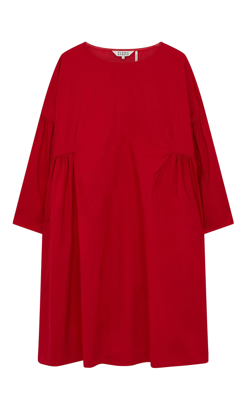Plümo- Henslow Dress Red - Seconds: Loose-fitting poplin dress with gathered sides, round neckline, and relaxed fit.