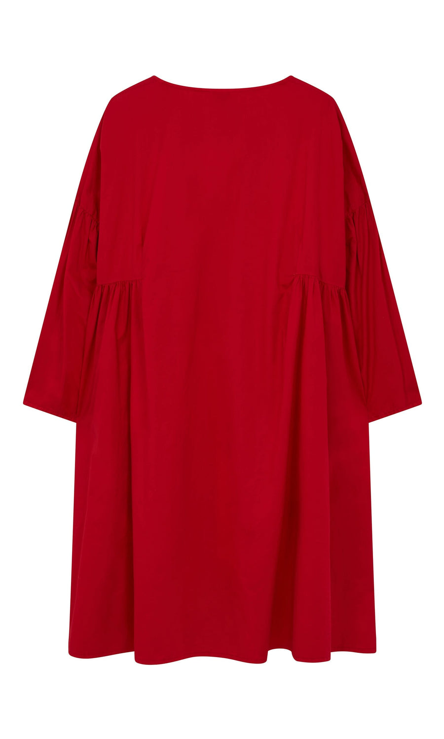 Plümo- The Henslow Dress Red - Seconds is a loose-fit, long-sleeve poplin dress with gathers and flowing shape, made in England.