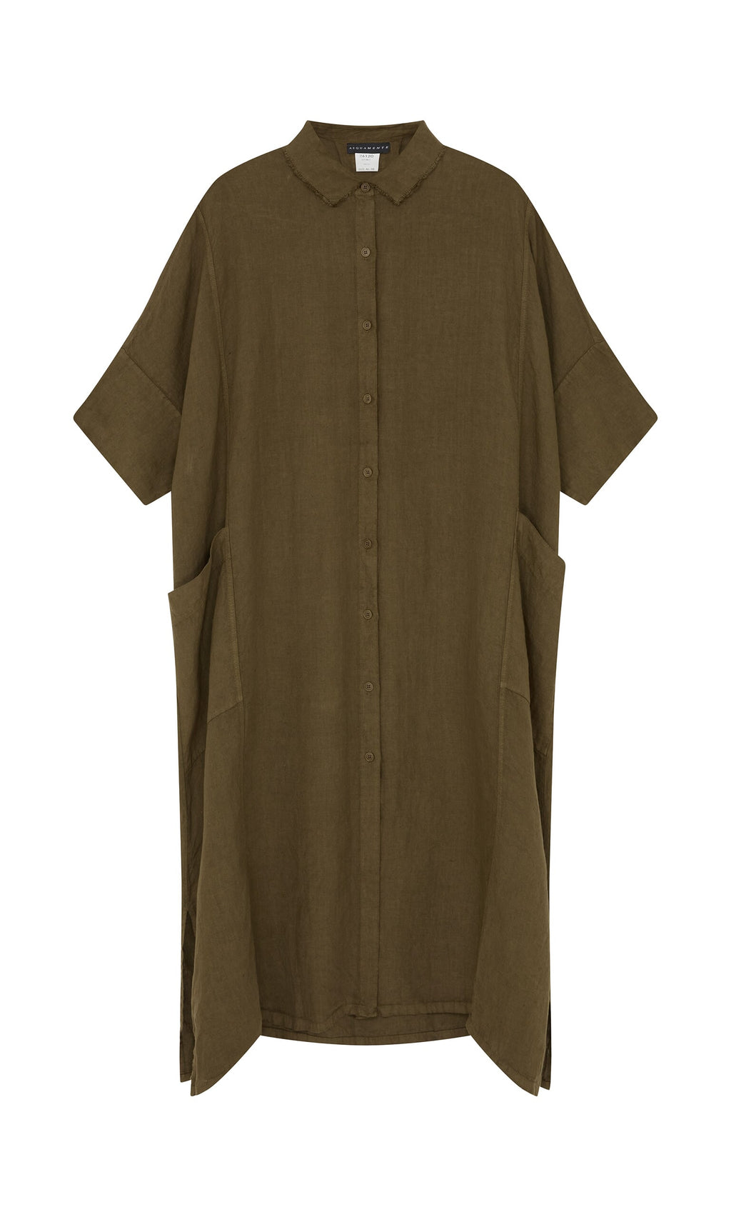 Plümo- Hockley Linen Dress in brown with raw edge collar, two large side pockets, and short sleeves on white background.