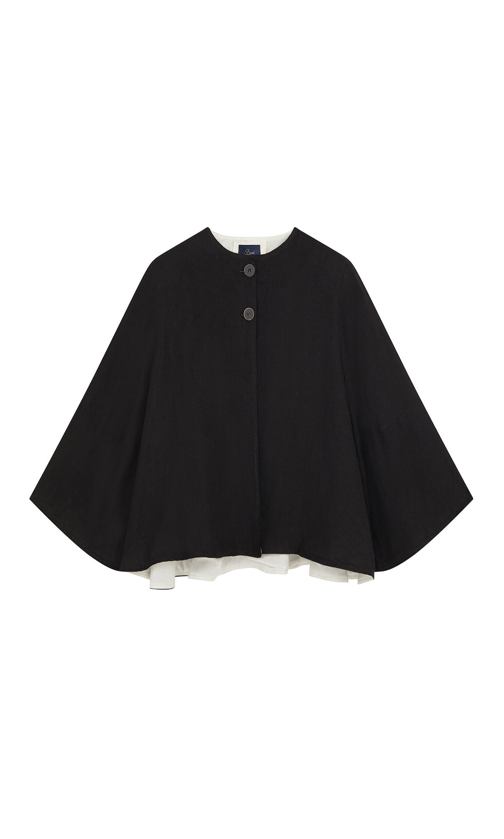 Plümo- Holden Jacket: black linen cape with button front, shoulder pads, bell sleeves, and white lining.