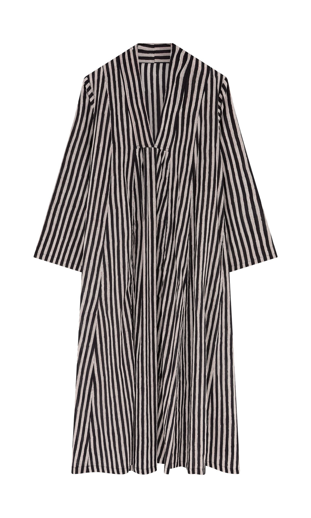 Plümo- Hoyland Dress - Charcoal Stripe: knee-length, wide sleeves, pleated front, block printed striped cotton.