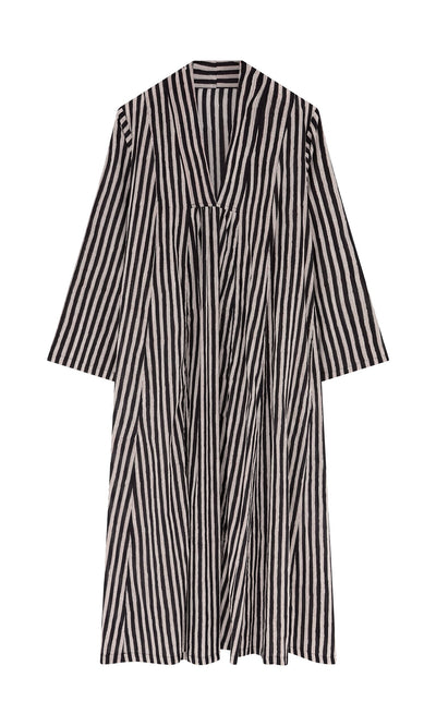 Plümo- Hoyland Dress - Charcoal Stripe: knee-length, wide sleeves, pleated front, block printed striped cotton.