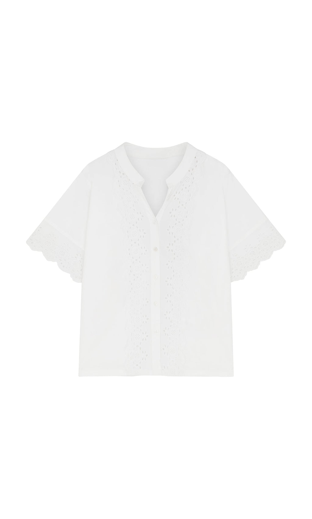 Plümo- Hurlingham Blouse: White short-sleeve top with eyelet embroidery, button front, and scalloped lace trim.